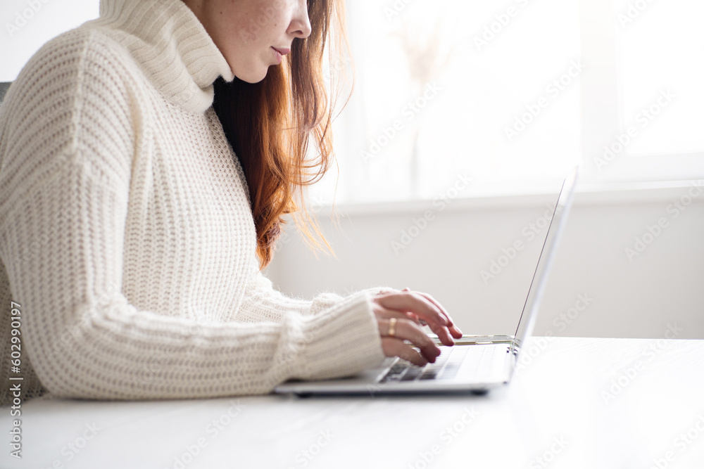 Female hands using laptop keyboard closeup. Home office concept Female hands using laptop keyboard closeup. Home office concept