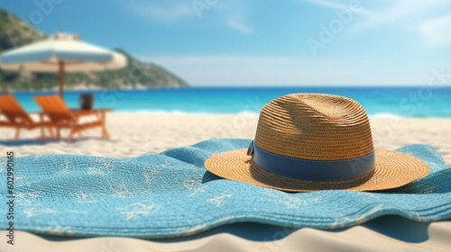 Straw hat and blue towel on the beach near the sea. Generative AI