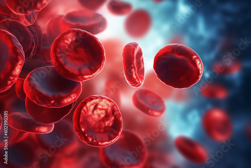 Red blood cells in vein, illustration of streaming blood cells in colour background, Generative AI