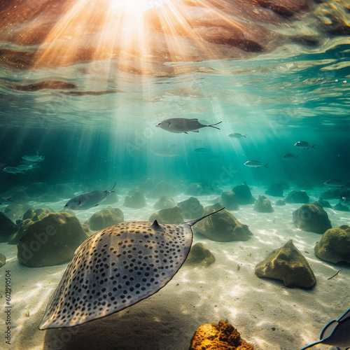 Generative AI, A ray is swimming in the ocean with the sun shining on the water.