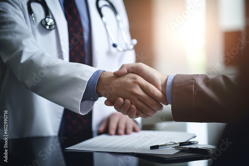 A doctor shaking hands with a patient in a hospital. Generative AI
