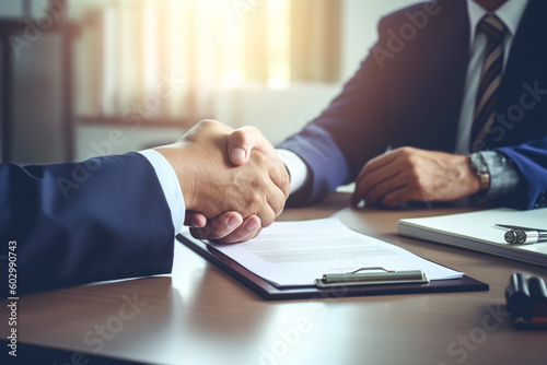 A man shaking hands with a contract in front of him. Generative AI