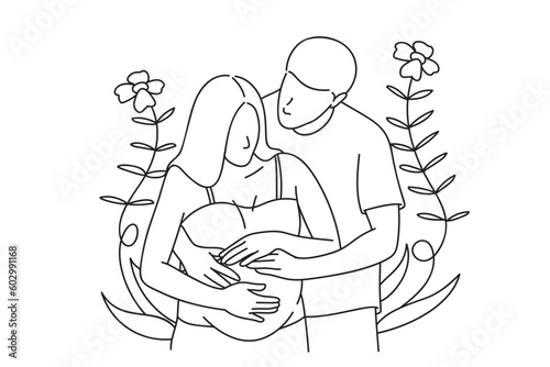 Continuous line art drawing of pregnant woman and her husband hugging each other
