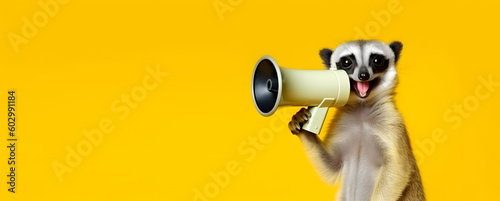 Meerkat announcing using hand speaker. Notifying, warning, announcement. AI generated © May Thawtar