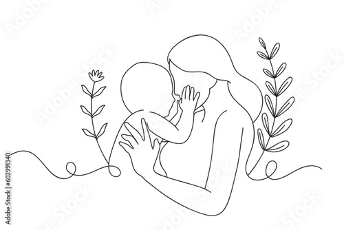 Continuous one line drawing of mother holding her baby. Mothers and baby line art style of vector illustration, Mother's Day Celebration and Maternity.