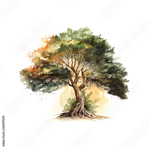 Bodhi Sacred Fig tree Watercolor Vector Illustration.