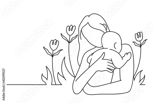 Mother holding baby in her arms. Continuous line drawing. Mothers line art style of vector and illustration, Mother's Day Celebration and Maternity.