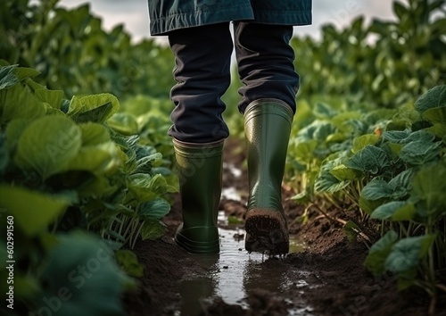Farmer's feet in green rubber boots walking trough the garden full of vegetables. Generative Ai image
