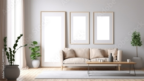 Blank wooden picture frame mockup on wall in modern interior. Vertical artwork template mock up for artwork, painting, photo or poster in interior design, AI generated art © The Picture House