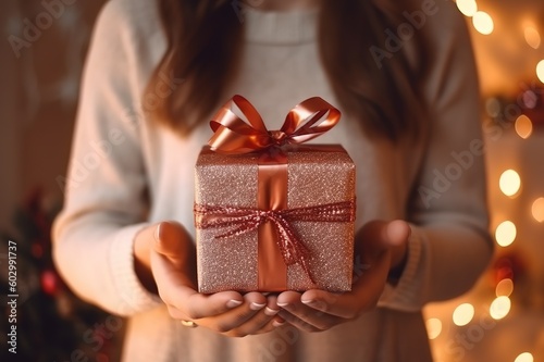 Merry Christmas. A young woman holds a gift against the background of a Christmas tree - Generative AI