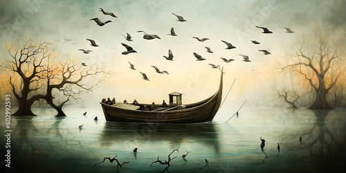 Generative AI: lonely boat in paradisiacal and calm landscape