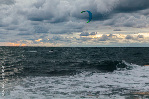 kitesurfing sport on the water sea sky in the clouds storm nature windsurfing