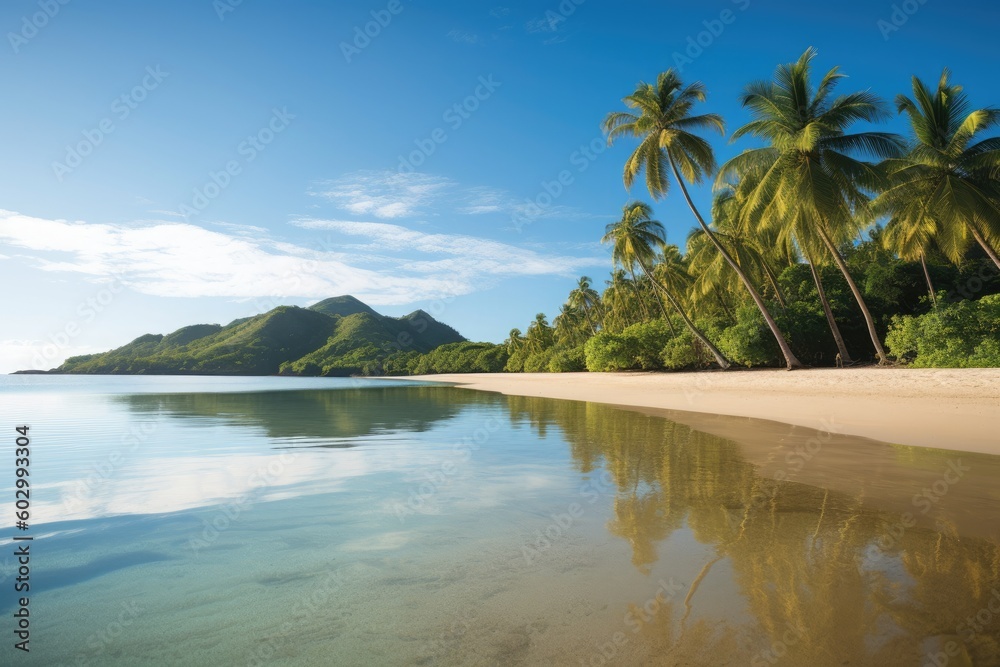 Obraz premium Summer landscape, palm trees and blue calm sea. Generative AI