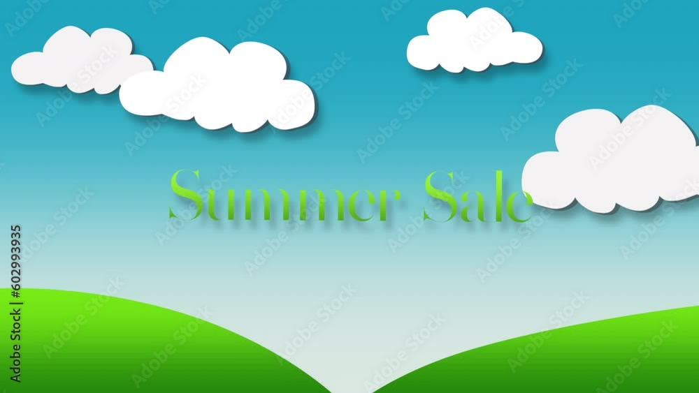 Summer Sale with white clouds and green grass, motion promotion, summer and retro style background Summer Sale with white clouds and green grass, motion promotion, summer and retro style background
