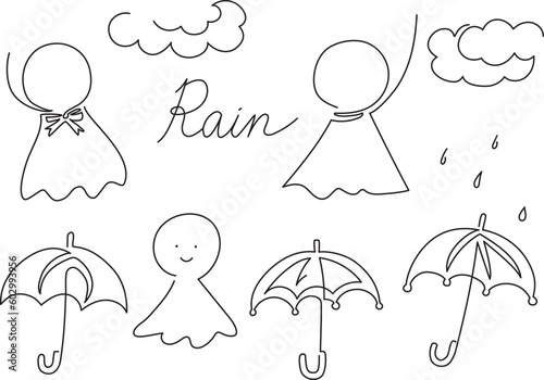 一筆書き　傘＆てるてる坊主（白黒 モノクロ）