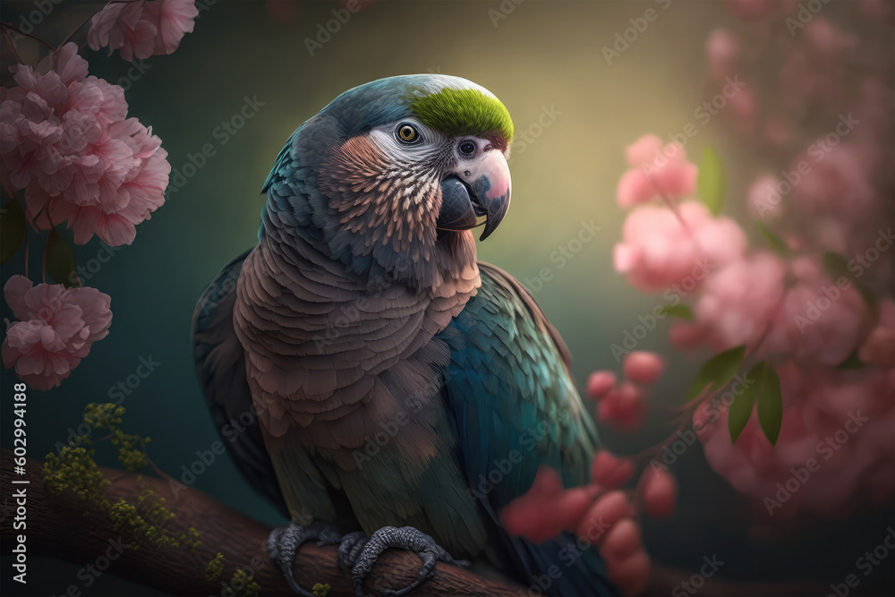 Obraz premium dramatic photo portrait of cute parrot on flower blossom
