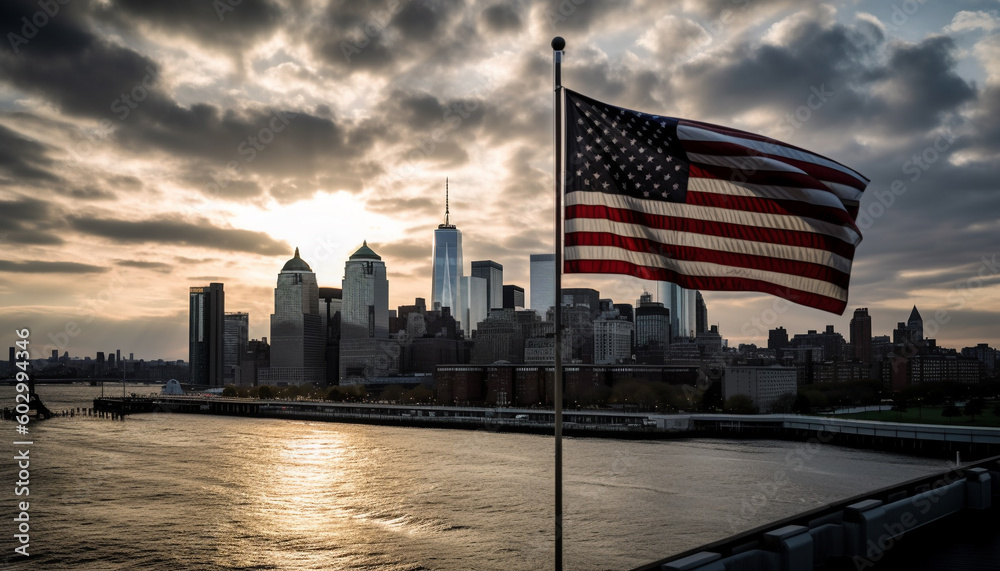 American flag waves over iconic city skyline generated by AI