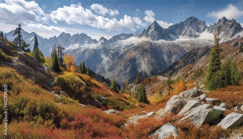 Majestic mountain peak, tranquil scene, sunlit meadow generated by AI