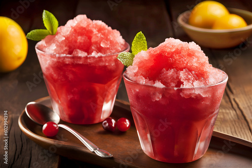 Homemade strawberry granita with mint. Sicilian frozen summer dessert in glasses on a tray on a wooden background. Selective focus. Generative AI photo