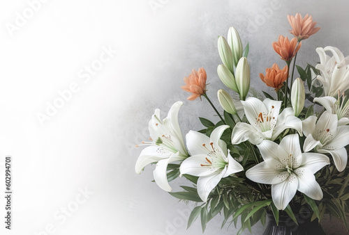 White flowers on grey background, grief, loss, coping of mourning. Condolences card. Generative AI
