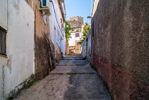 Callejuela ascendente de un barrio medieval, con castillo al fondo. © Ivanb
