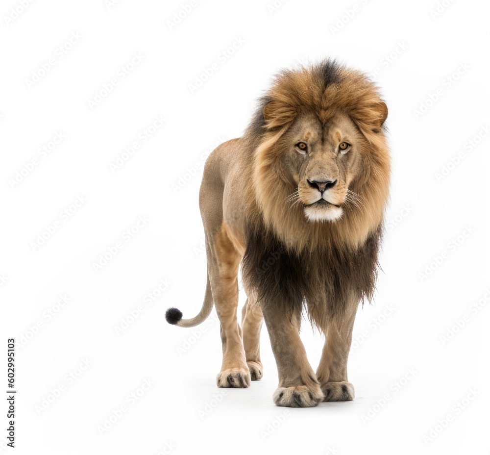 Obraz premium Lion walking on white background. Generative AI