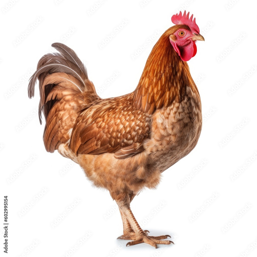Fototapeta premium Full body brown chicken ,hen isolated on white background. Generative AI