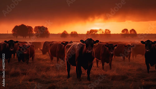 Cattle grazing in green meadow at sunset generated by AI © Jeronimo Ramos
