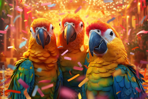 3 fröhliche bunte Papageien mit Konfetti in Partystimmung. Generative Ai © Michael