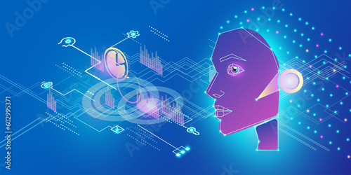 Artificial intelligence in the head of a humanoid. Artificial intelligence training in processing big data, analytical information.The face of the cyber mind.technological background