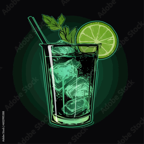 A refreshing summer drink called mojito. Vector illustration of a cocktail on a green-black background.