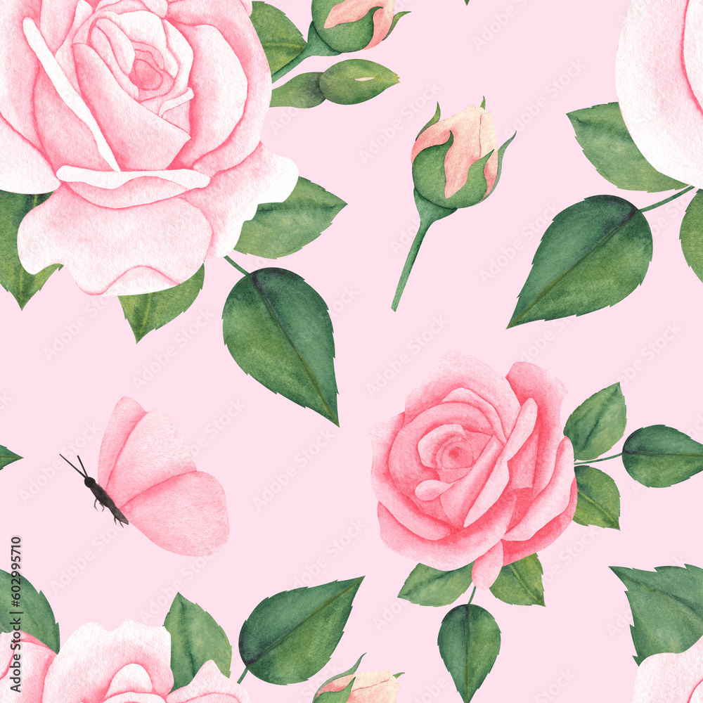 Seamless Floral Pattern with Pink Rose Flowers. Botanical colorful illustration on isolated backdrop in vintage style. Seamless Floral Pattern with Pink Rose Flowers. Botanical colorful illustration on isolated backdrop in vintage style.