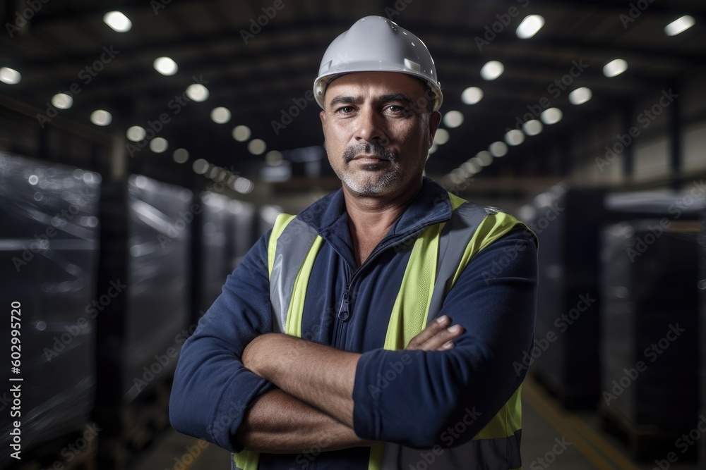 Portrait of a warehouseman working in a warehouse. Ai generative.