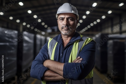 Portrait of a warehouseman working in a warehouse. Ai generative. photo