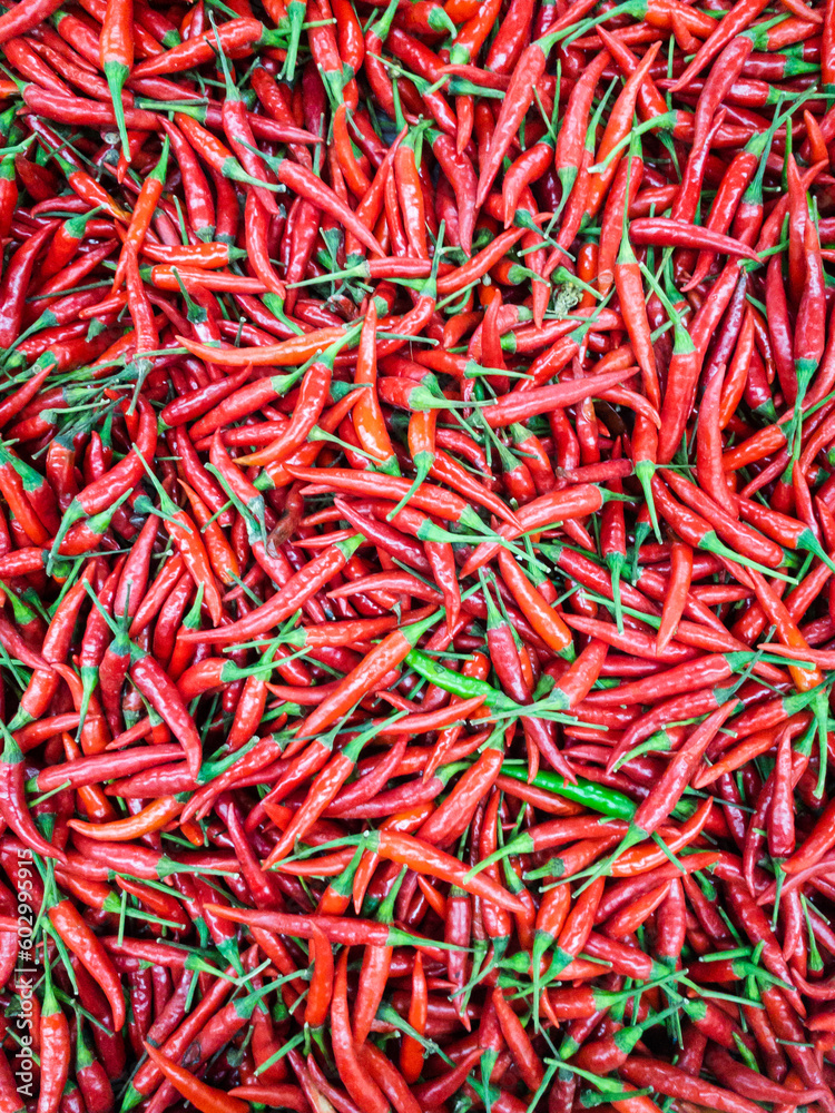 Red Chili pepper pile at organic vegetable market. 