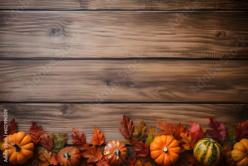 Thanksgiving background: Autumn leaves on wooden background, pumpkin, dry leaves, Old dark wood with empty space to text, Thanksgiving and Halloween celebration decoration concept