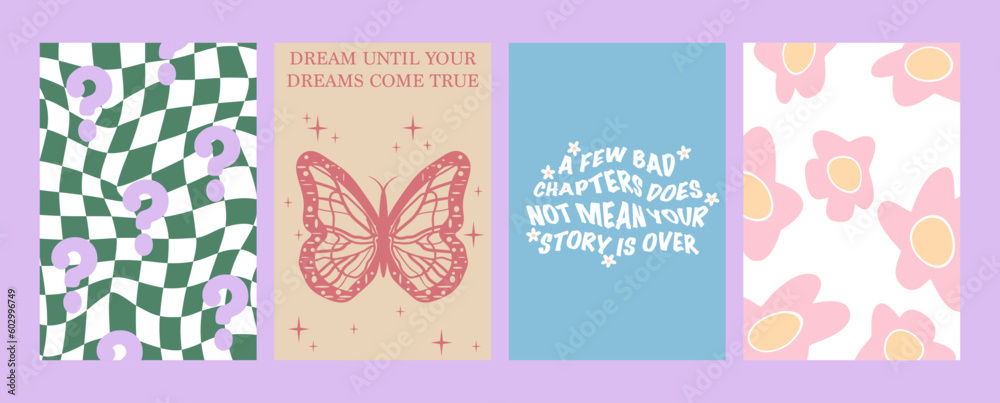 Vector illustration. Posters in trendy y2k style with checkerboard, lettering, butterfly, stars and flowers. Modern minimalist print. Perfect as a background pattern, textile design and home decor.