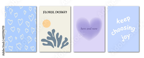 Vector illustration. Trendy y2k style posters with leaves, text space and hearts. Modern minimalist print. Perfect as a background pattern, textile design and home decor.
