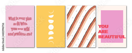 Vector illustration. Trendy y2k style posters with waves, text space and moon. Modern minimalist print. Perfect as a background pattern, textile design and home decor.