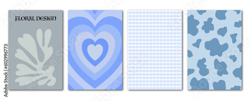 Vector illustration. Trendy y2k style posters with leaves, text space, hearts, cell and cow print. Modern minimalist print. Perfect as a background pattern, textile design and home decor.