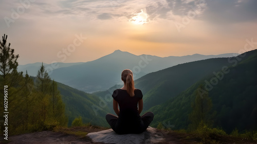 Young woman doing yoga outdoor. Background of beautiful mountains.