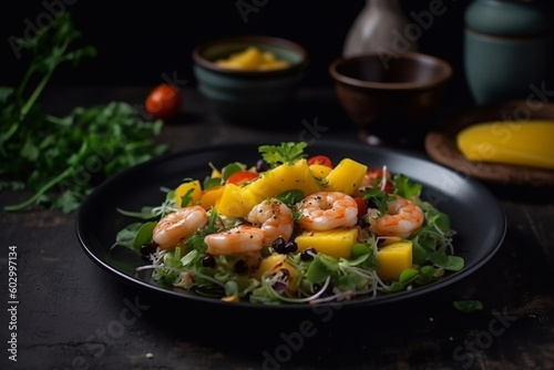 Fresh salad with shrimps and mango. Generative AI.
