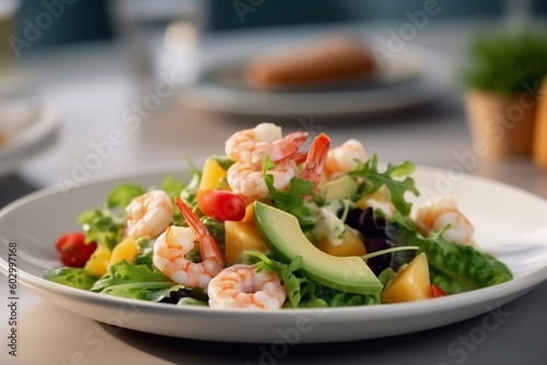 Fresh salad with shrimps and mango. Generative AI.