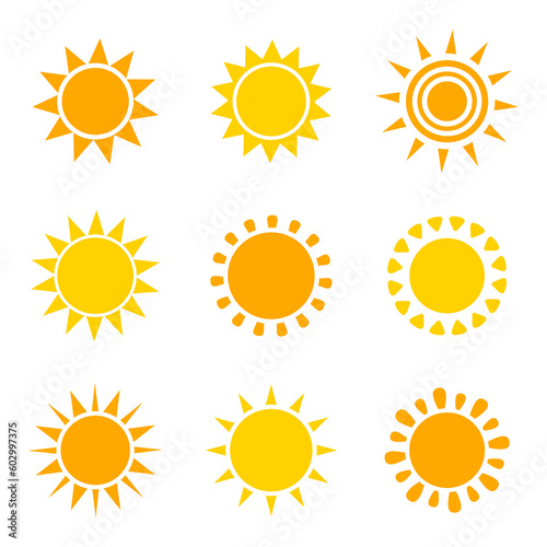 Set of orange and yellow sun icons on background. PNG illustation