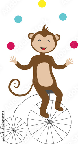 Vector illustration circus monkey character riding bicycle and juggling balls in cartoon style
