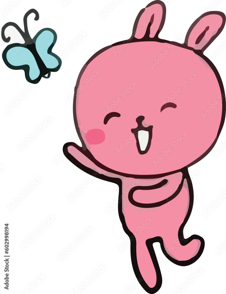 cartoon pink rabbit running catching butterflies flying