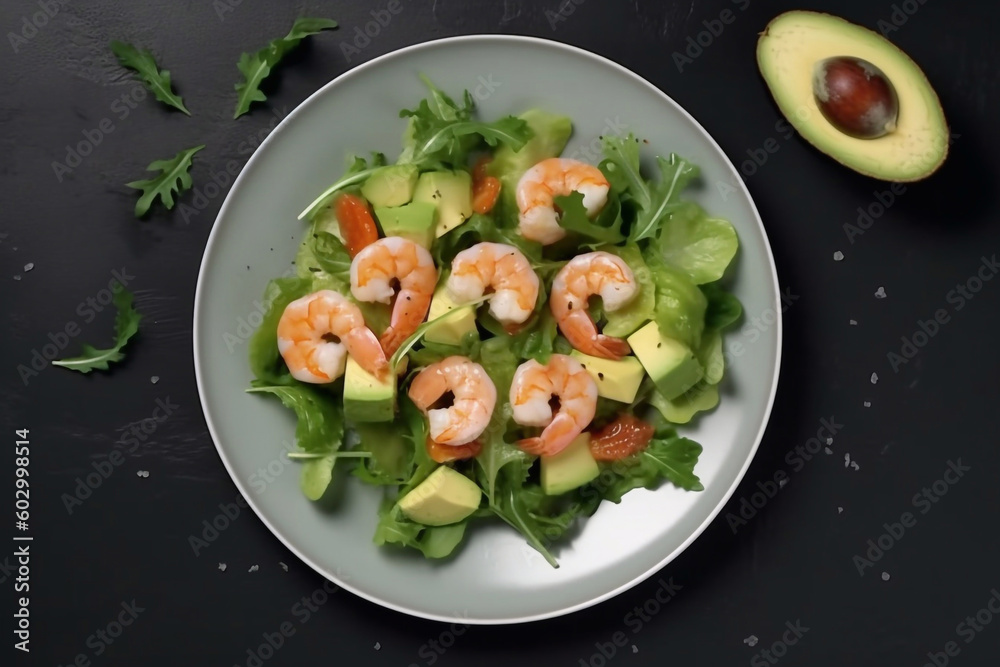 Fresh salad with shrimp, avocado and herbs on a plate. Generative AI.