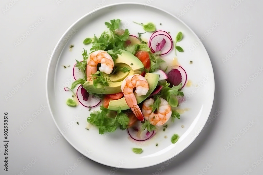 Fresh salad with shrimp, avocado and herbs on a plate. Generative AI. Fresh salad with shrimp, avocado and herbs on a plate. Generative AI.