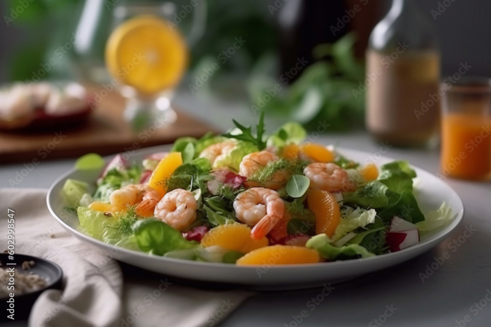 Fresh salad with shrimp, avocado and herbs on a plate. Generative AI. Fresh salad with shrimp, avocado and herbs on a plate. Generative AI.
