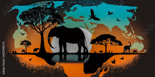 Wildlife Silhouette on Earth Wildlife Conservation Concept - Generative AI © jovannig